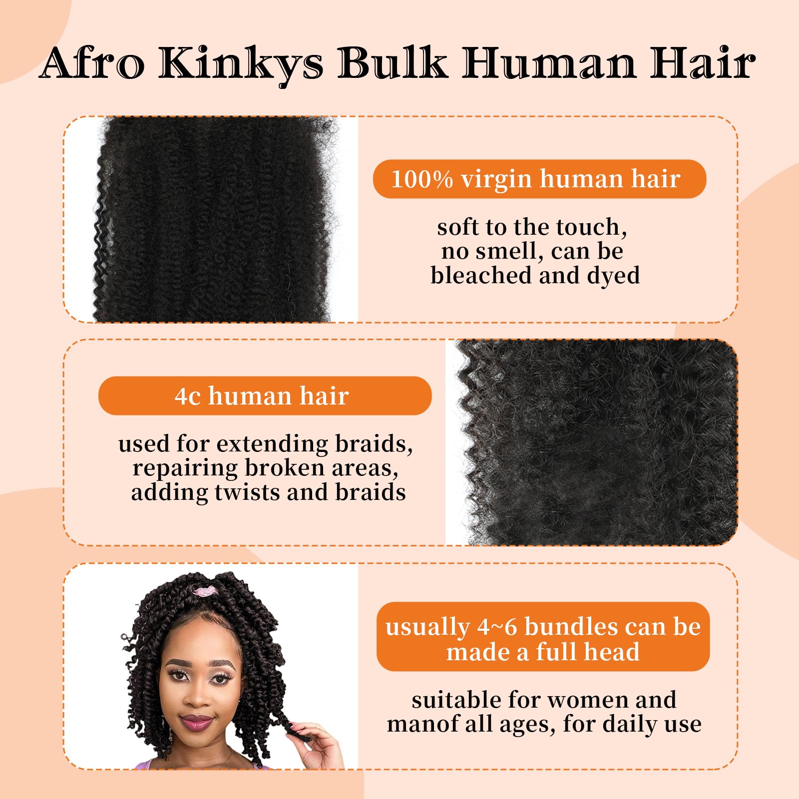 Yacurcur Afro Kinkys Bulk Human Hair 50g/Pack Braiding Hair for Dreadlocks Extensions,Loc Repair,Twist Braiding No Short Hair 4C Afro Kinky Human Hair Natural Black (14 Inch) - Image 3