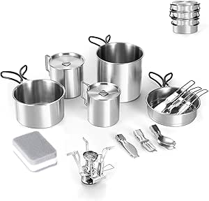 Odoland 13pcs 304 Stainless Steel Camping Cookware Mess Kit with Folding Camping Stove, Cooking Set with Cups, Forks, Knives, and Spoons - Perfect for Camping, Backpacking, Hiking, and Picnics