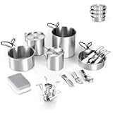13pcs Stainless Steel Camping Cookware Camping Pots and Pan Set with Portable Camping Stove Camping Mess Kit with Cups Forks Knives Spoons for Hiking Backpacking and Picnic