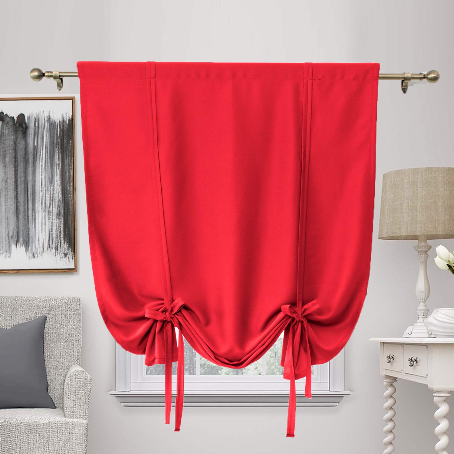 ZHhan Blackout Tie Up Curtain Thermal Insulated Tie Up Window Shade Bathroom Curtain Tie Up Shade for Small Window for Kitchen French Door Rod Pocket Panel, Red, W 55" x L 44", 1 Panels