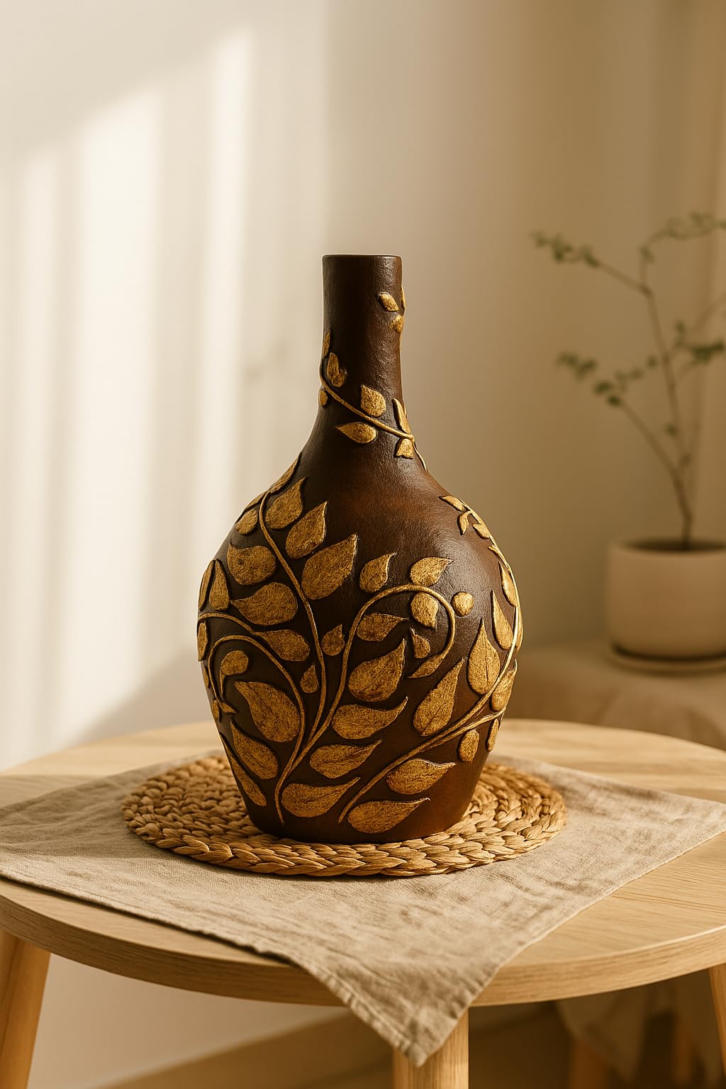 Buy Hand-Painted Brown Terracotta Vase with Golden Leaf Embossed Design – 13 Inch Tall x 6 Inch Wide Decorative Flower Vase/Pot for Living Room, Dining Table, Office, Farmhouse, and Modern Home Decor
