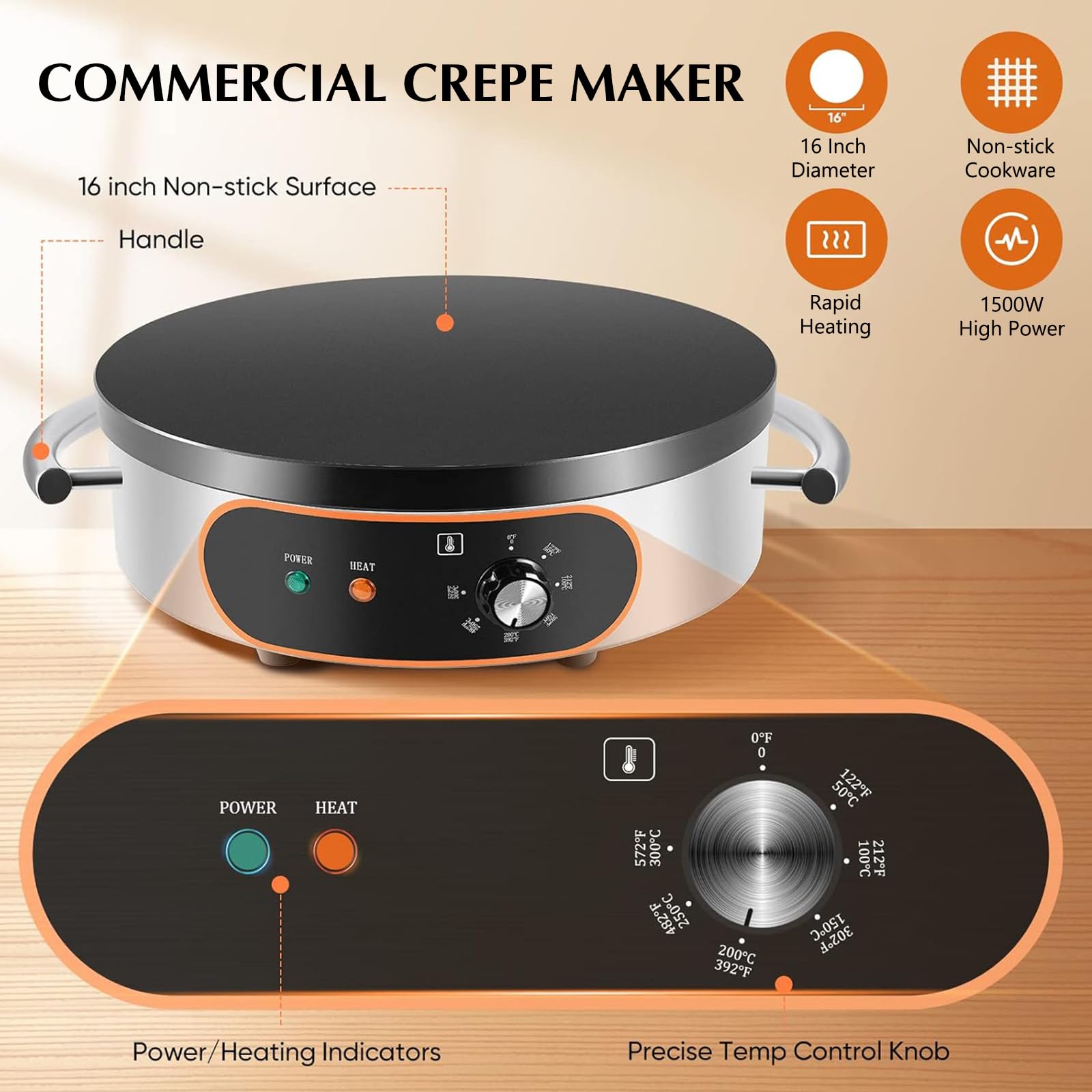 Commercial Crepe Maker, 16IN Non-Stick 1500W Electric Crepe Machine Adjustable Temperature Control, Thickened Cast Iron Cooking Surface Pancakes Maker Griddle with Handle