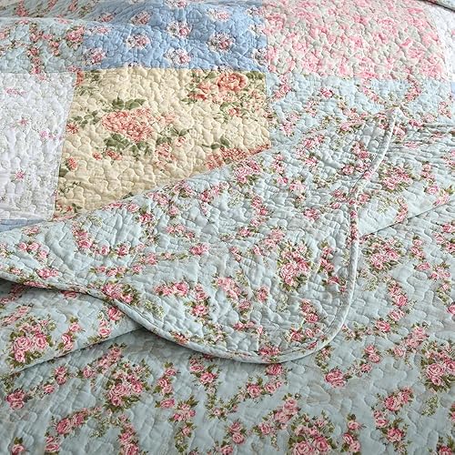 Miniatura 9 de camandy Juego de ropa de cama de algodón de 3 piezas, reversible, juego de colcha de retazos florales, azul, verde, rosa, tamaño King