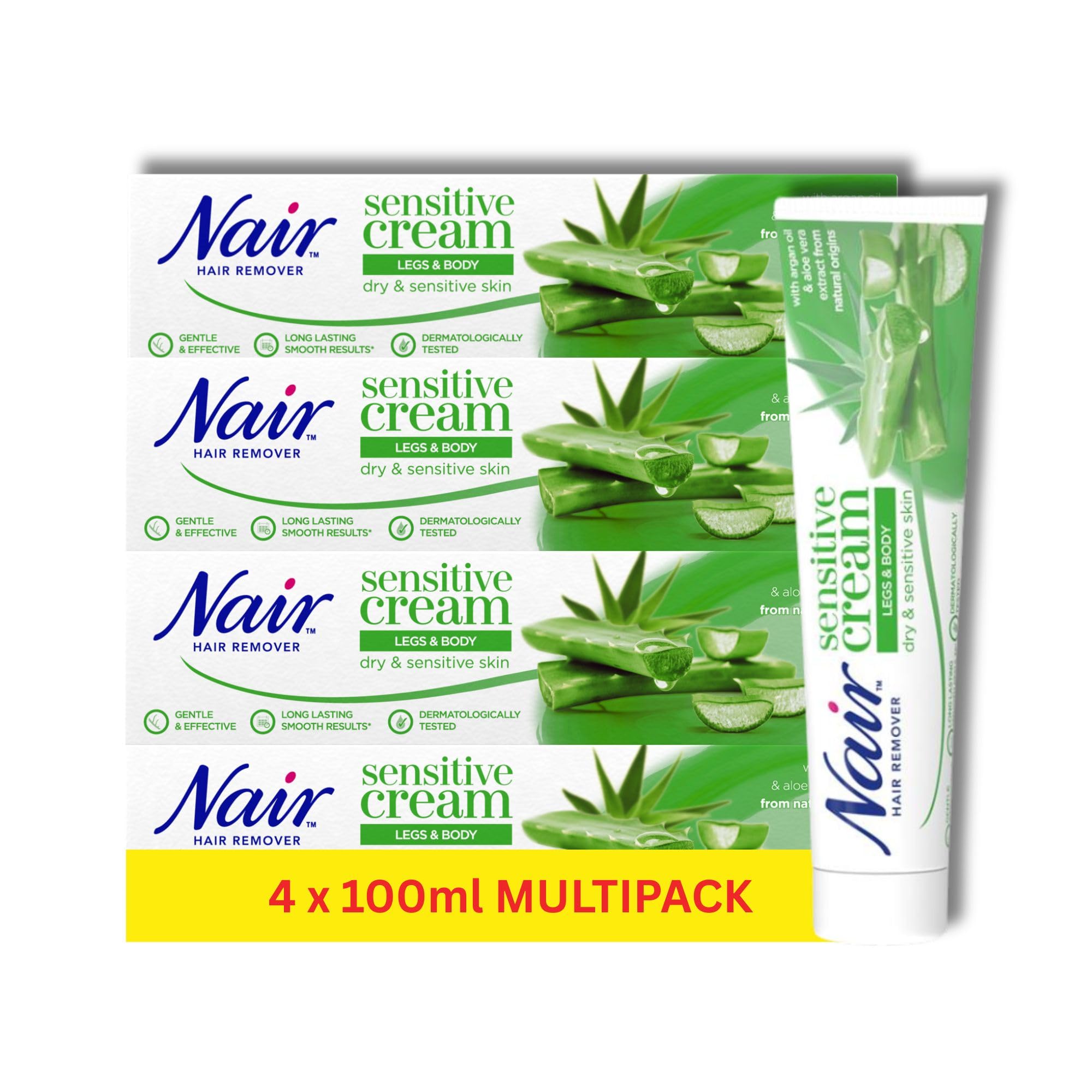 Nair Sensitive Hair Removal Cream Multipack for Dry & Sensitive Skin – Legs & Body with Argan Oil & Aloe Vera – Gentle Nair Hair Removal Cream – 100ml x 4