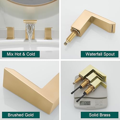 Miniatura 6 de Hoimpro Grifo de baño de 3 agujeros de 8 pulgadas, grifo de lavabo de baño de dos manijas en cascada, fregadero de tocador de baño, grifo dorado