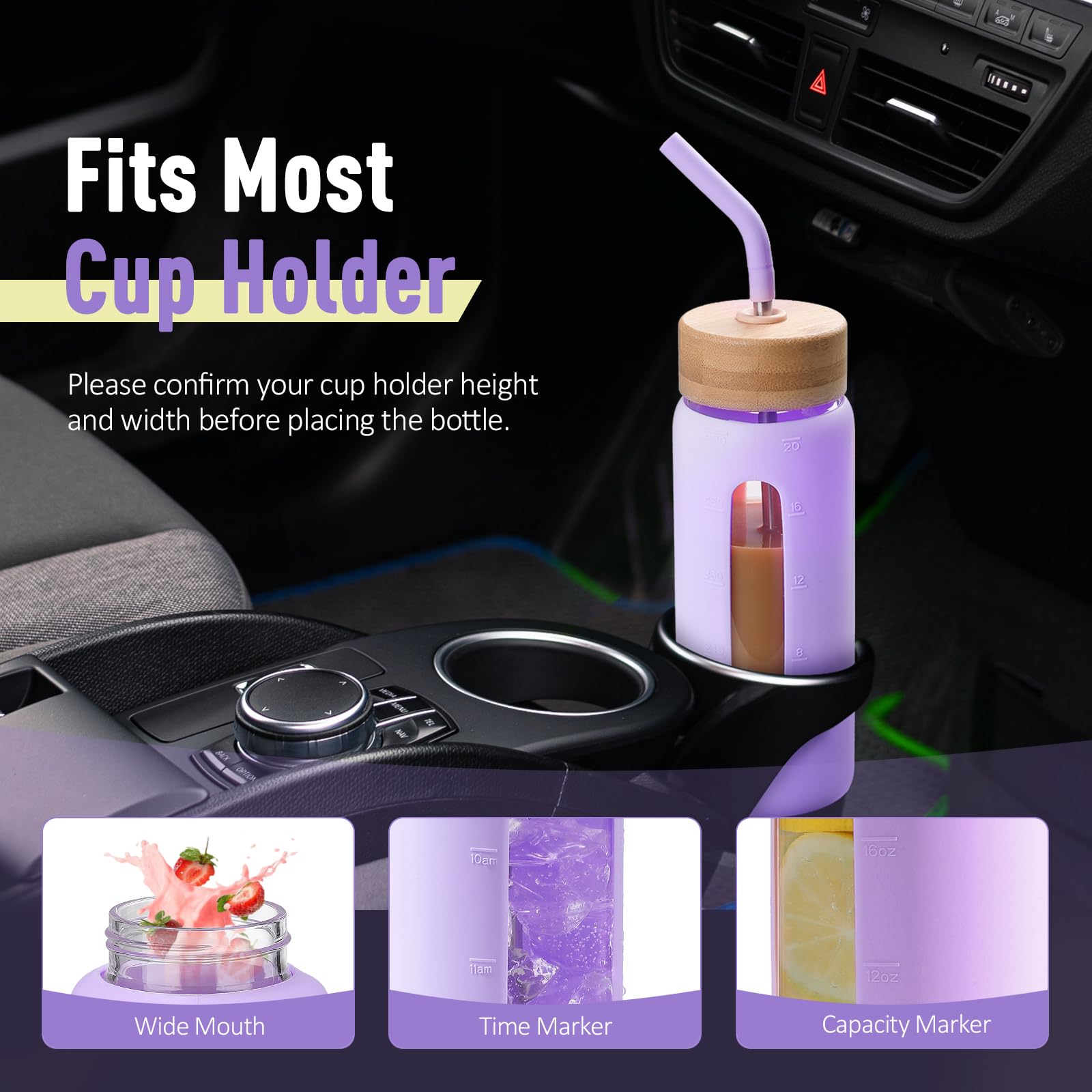 BLUEGO Borraccia Vetro 900ml con 2 Coperchi e Cannuccia, Sportiva Bottiglia d'Acqua con Custodia in Silicone e Indicatori di Tempo, Senza BPA, Viola