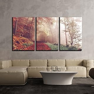 wall26 - 3 Piece Canvas Wall Art - Fall Landscape of Path Covered by Lea...