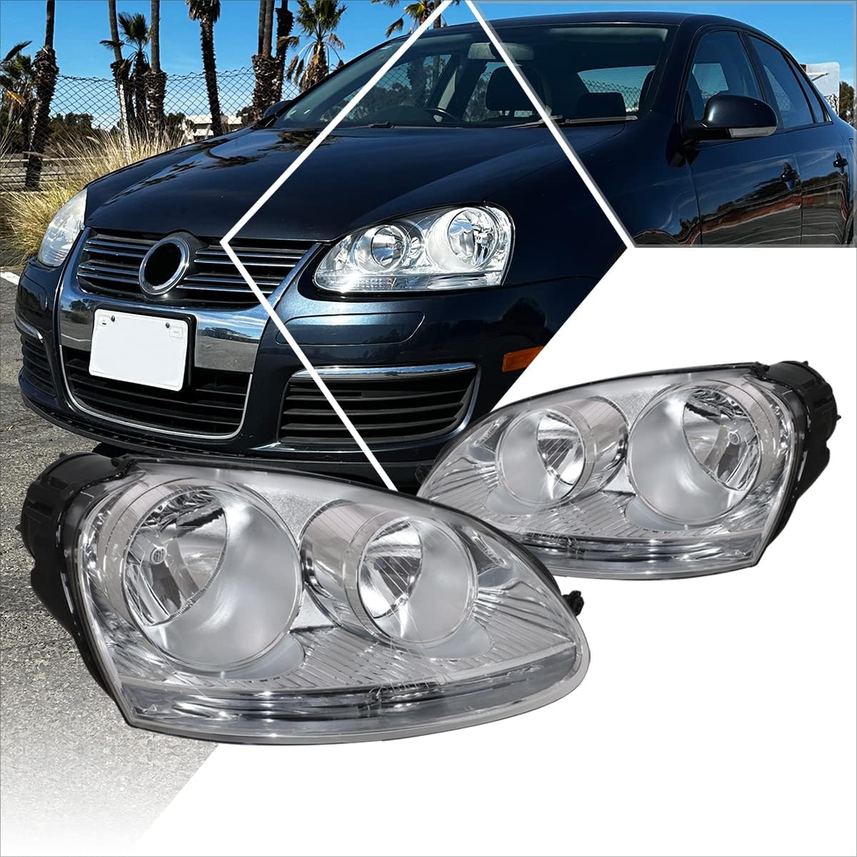 PM PERFORMOTOR 2Pcs Replacement Headlights Assembly Compatible with Jetta MK5 05-10 | Headlamps with Chrome Housing