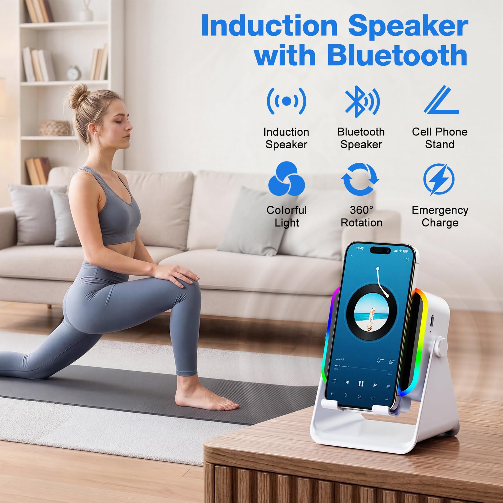 TARKARI Altoparlante wireless a induzione, altoparlante Bluetooth con supporto per telefono e luce RGB, suono surround HD, compatibile con iPhone, Android, iPad, Samsung, regalo di compleanno per