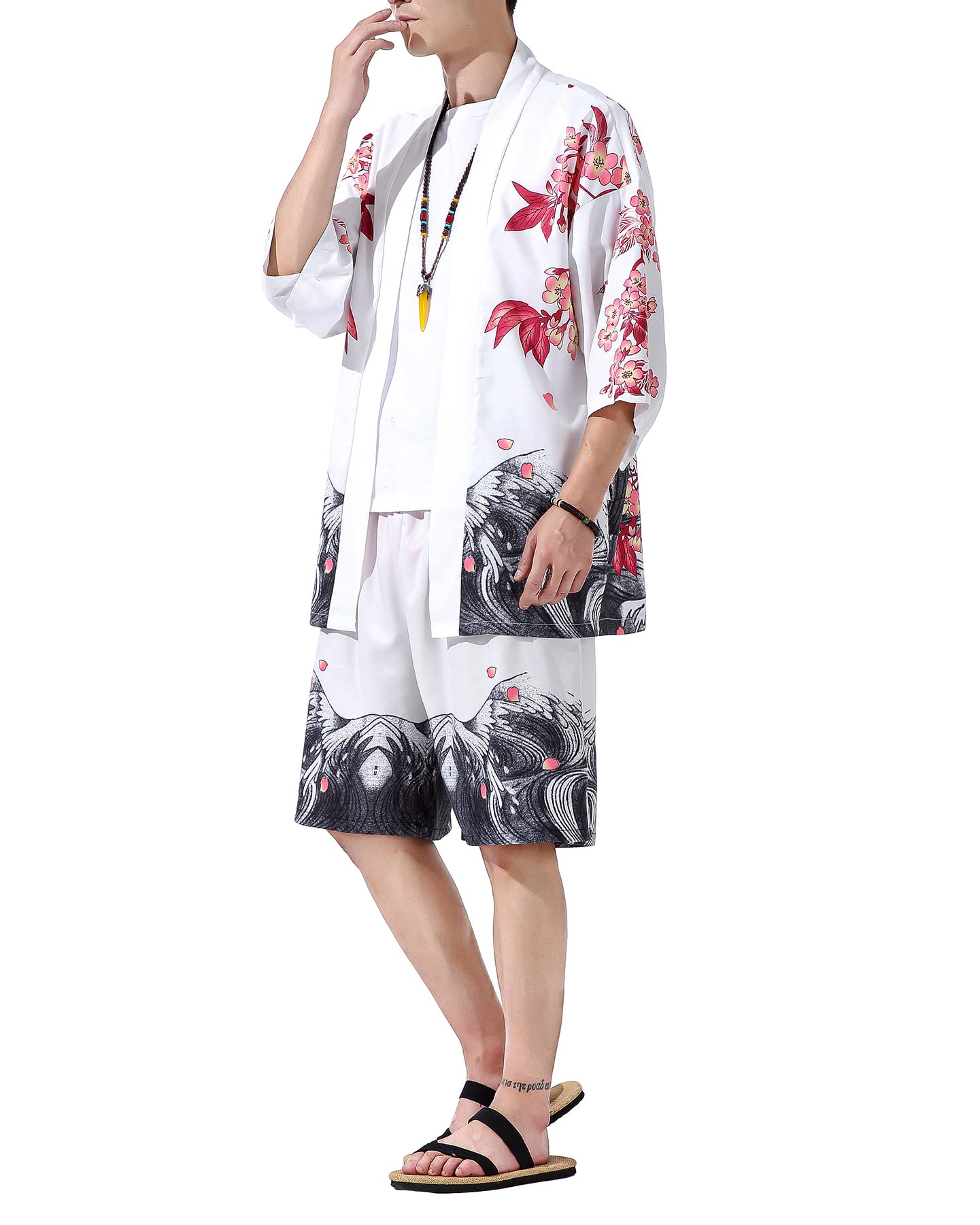 PRIJOUHE Japanese Kimono For Men Lightweight Open Front Kimono Bathrobe With Shorts 2 piece Summer Beach Outfits