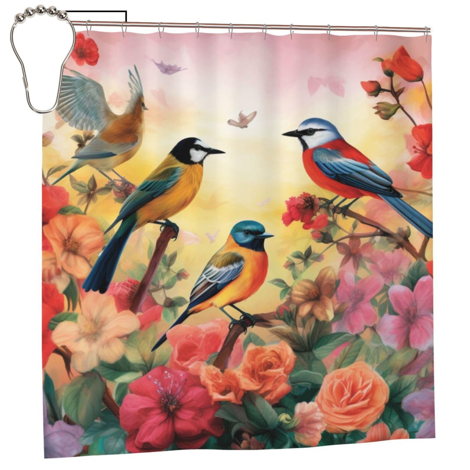 BWWHCCTI Birds and flower Printed Shower Curtain With 12 Iron Hooks Opaque Quick Drying Waterproof Shower Curtains Sets For Bathroom 183x183 CM