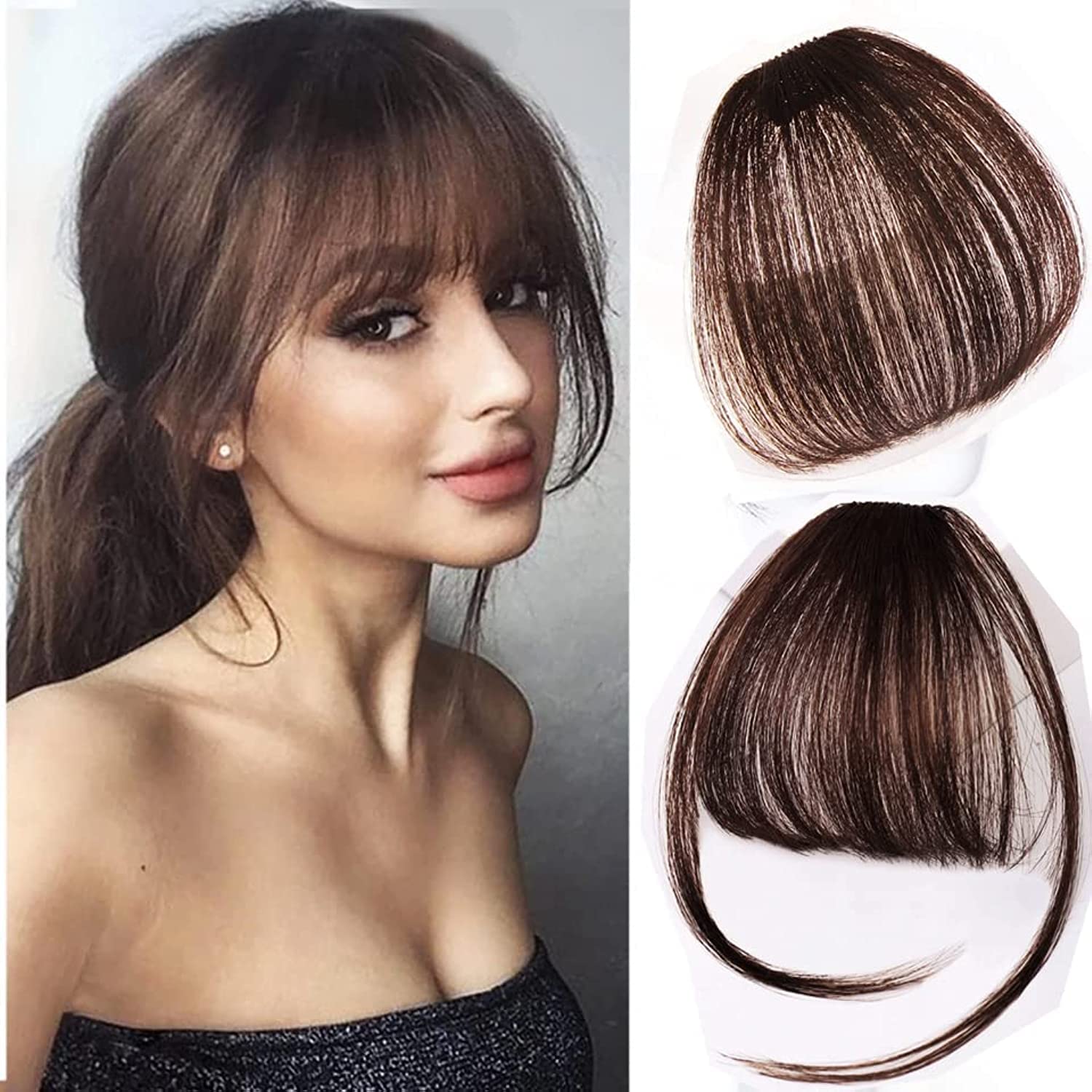 Clip in Bangs Front Neat Air Fringe, 360° Cover One Piece Clip in Fringe Hair Extensions Two Side Bangs with Temples Thin Human Faux Bangs Clip for Daily Wear Lightly Curved (Brown)