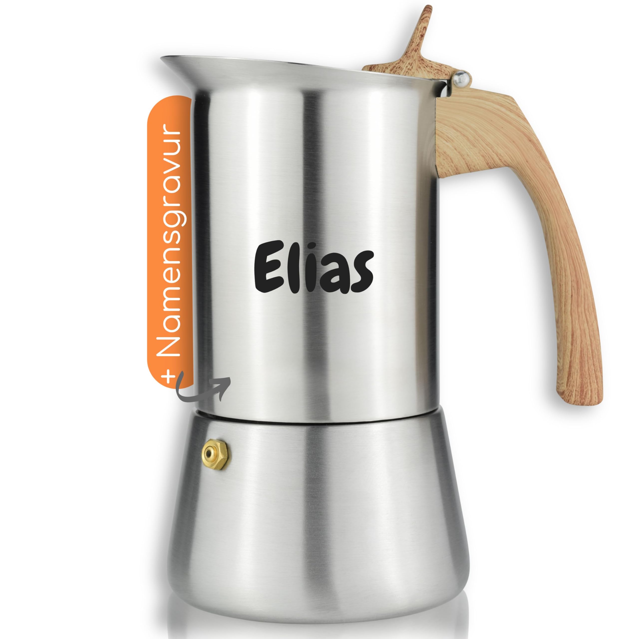 Milu® Espressokocher mit Gravur personalisiert - als Geschenk-Idee Ostern Einweihungsgeschenk Muttertag Rente Mitarbeiter Weihnachten Geburtstag Frauen Mama (Holzoptik, 4 Tassen (200ml) + Gravur)