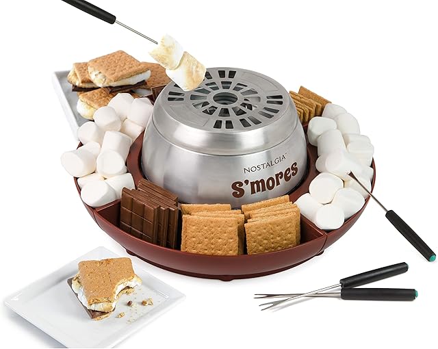 Nostalgia Tabletop Indoor Electric S'mores Maker - Smores Kit With Marshmallow Roasting Sticks and 4 Trays for Graham Crackers, Chocolate, and Marshmallows - Movie Night Supplies - Brown