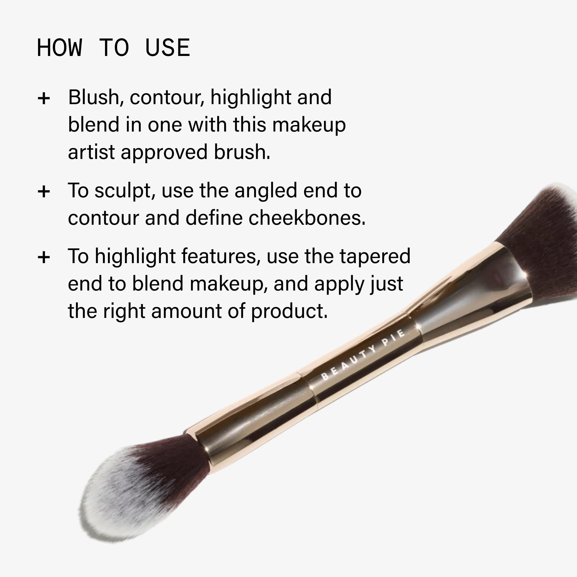 Beauty Pie Brocha de doble punta para esculpir y rubor 012 – Brocha de maquillaje profesional en ángulo y resaltado cónico – Cerdas sintéticas veganas y libres de crueldad animal – Esculpir, mezcla y