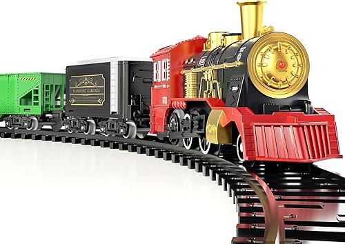 Locomoto Juego de tren para niños y niñas, juguetes de tren con locomotora de vapor, coches de carga y pistas, trenes eléctricos de juguete con humo
