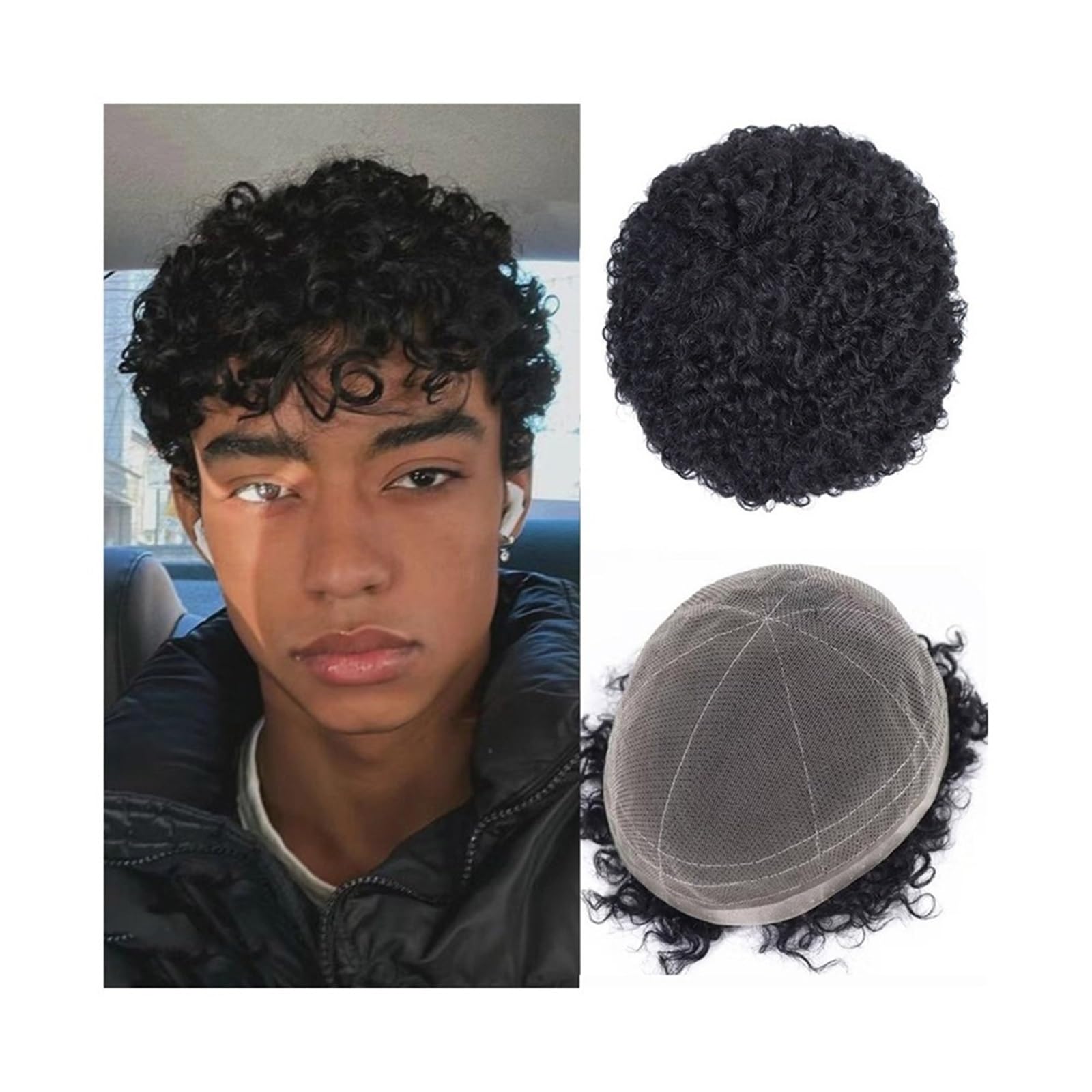 Tupé de pelo para hombres Prótesis de cabello for hombre con rayita Natural, peluquín Afro rizado for, sistema completo Base encaje francés Sistema de cabello para hombres