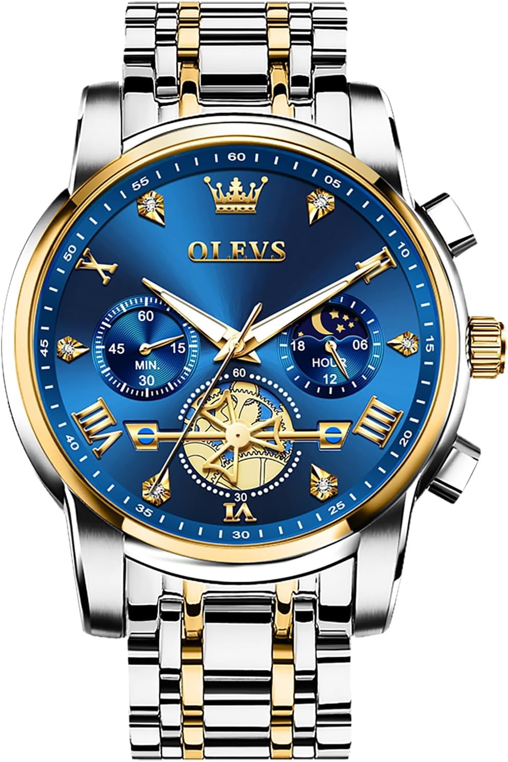 OLEVS Men's Stainless Steel Chronograph Watch, Large Face Easy to Read Roman Numerals Diamond Accented Analog Dress Watches for Men, Elegant Waterproof Luminous Male Quartz Wristwatch