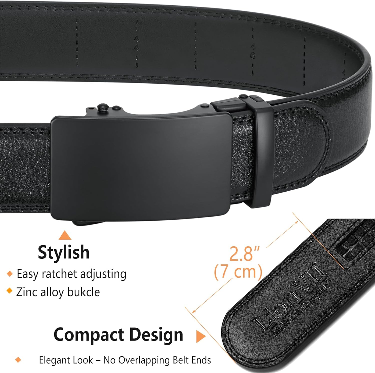 LionVII Men's Ratchet Belt - Genuine Leather Belt for Casual with Automatic Buckle, Adjustable Trim to Fit 28-50" (W 1 3/8") - Image 3