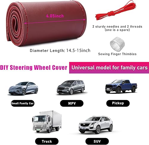 Miniatura 2 de Ziciner Funda de cuero genuino para volante, protector transpirable antideslizante para volante de automóvil de diámetro máximo de 15 pulgadas,