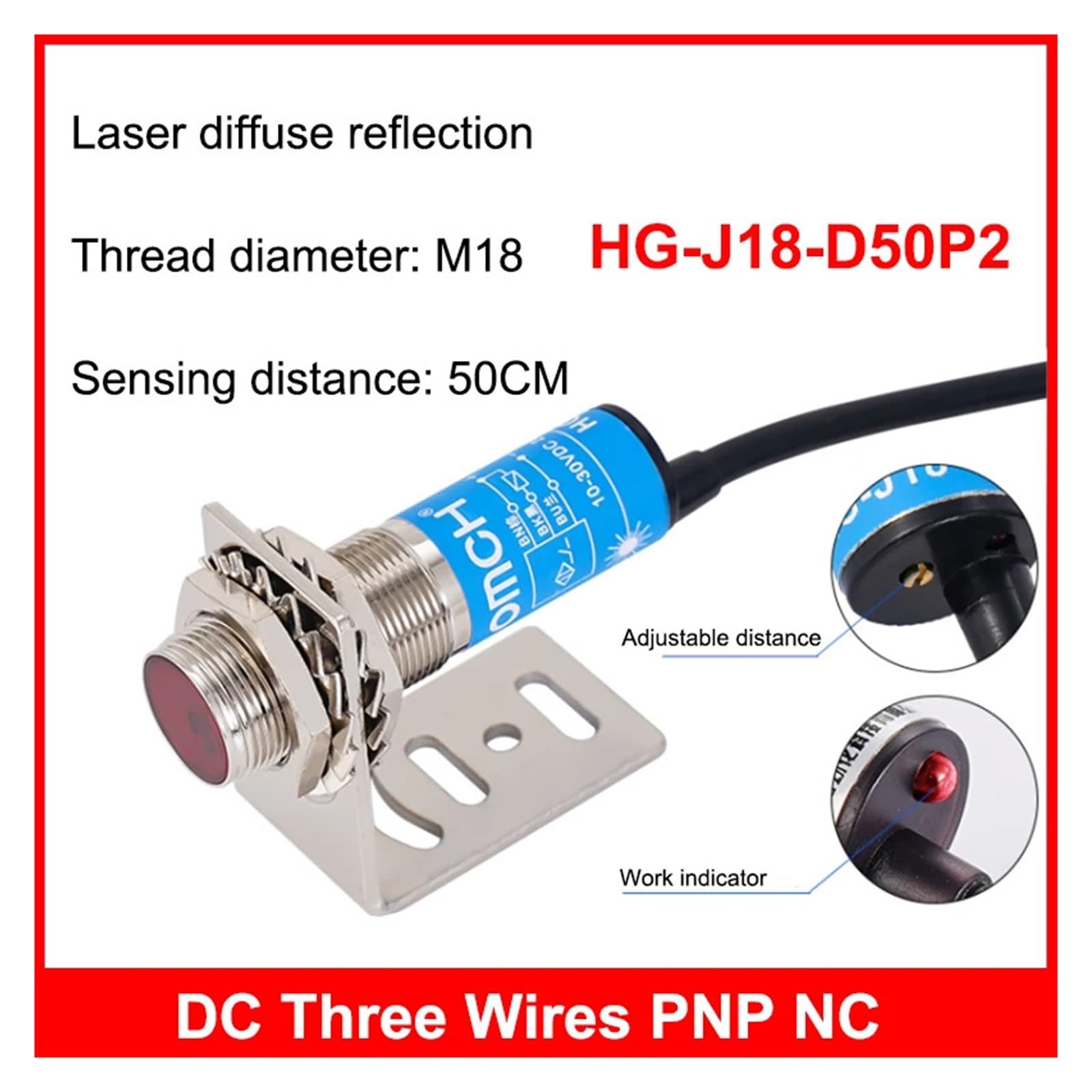 Laser-Diffusreflexions-Lichtschranke HG-J12/18 D15 D50 M12/M18 15 cm 50 cm Erfassungsabstand Infrarotsensor(Hg-j18-d50p2)