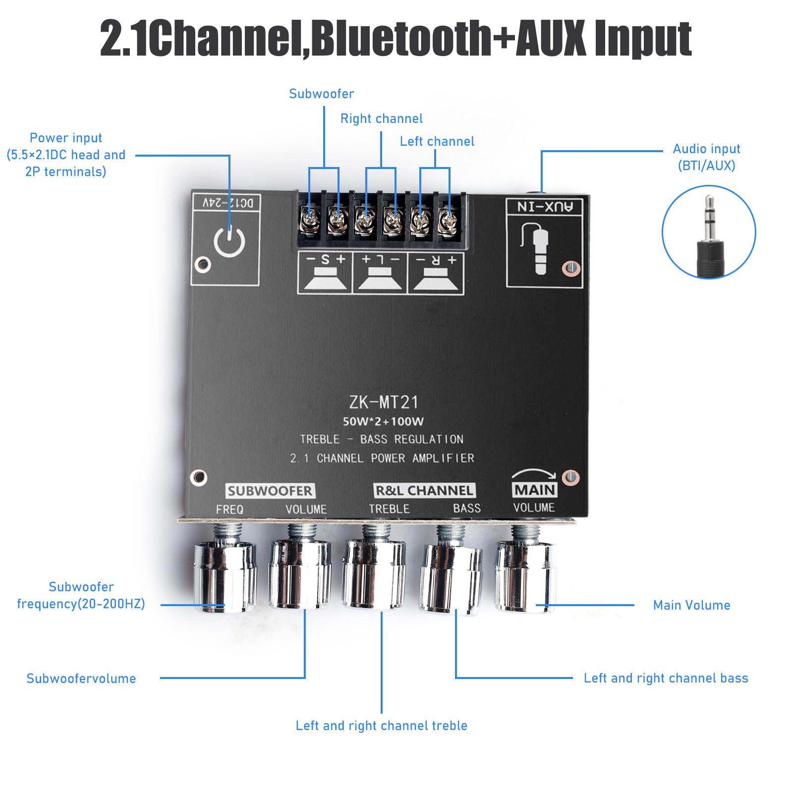 Amplificatore audio HiFi: 2 x 50 W + 100 W subwoofer 2.1 canali, amplificatore scheda con Bluetooth alti e controllo dei bassi, ingressi Bluetooth e AUX, DC 12-24 V per altoparlanti passivi