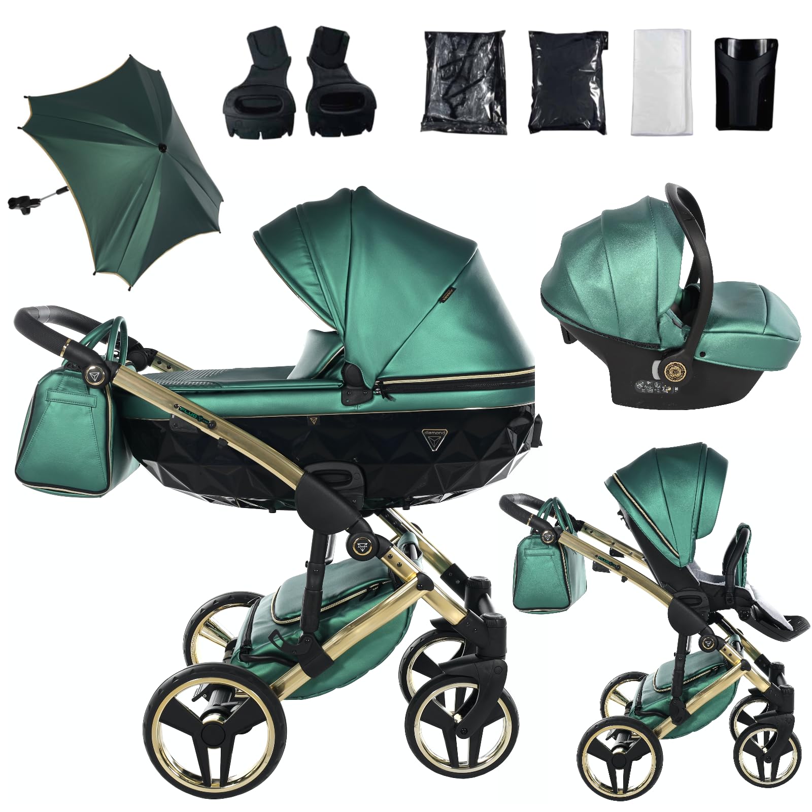 Junama Passeggino TRIO Diamond Fluo 02 Verde e Oro - 2in1 3in1 4in1 + ombrellino (3 in 1 con Seggiolino Auto)