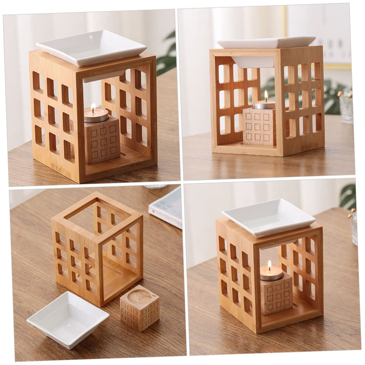 Gatuida Quemador Diseño Elegante de Cerámica y Madera de Aceites Esenciales de 150ml para Aromaterapia para Velas Tealight en Sala de Yoga o Hotel