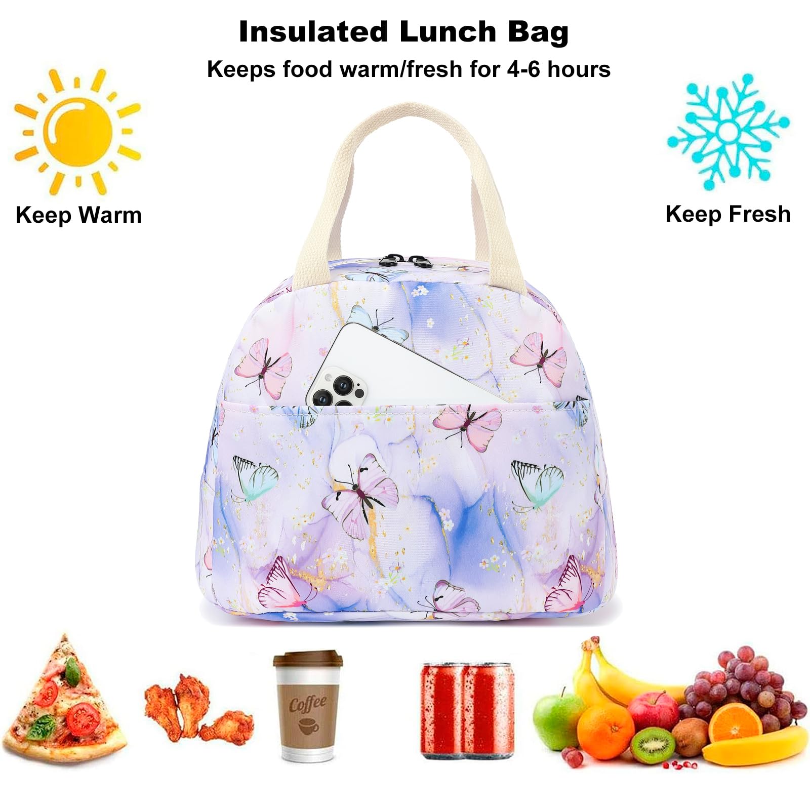 Marble Butterfly Lunch Bag for Women Girls, Insulated Lunch Tote Bags Reusable Lunch Box for Kids Adults School Work Picnic Travel (Purple)