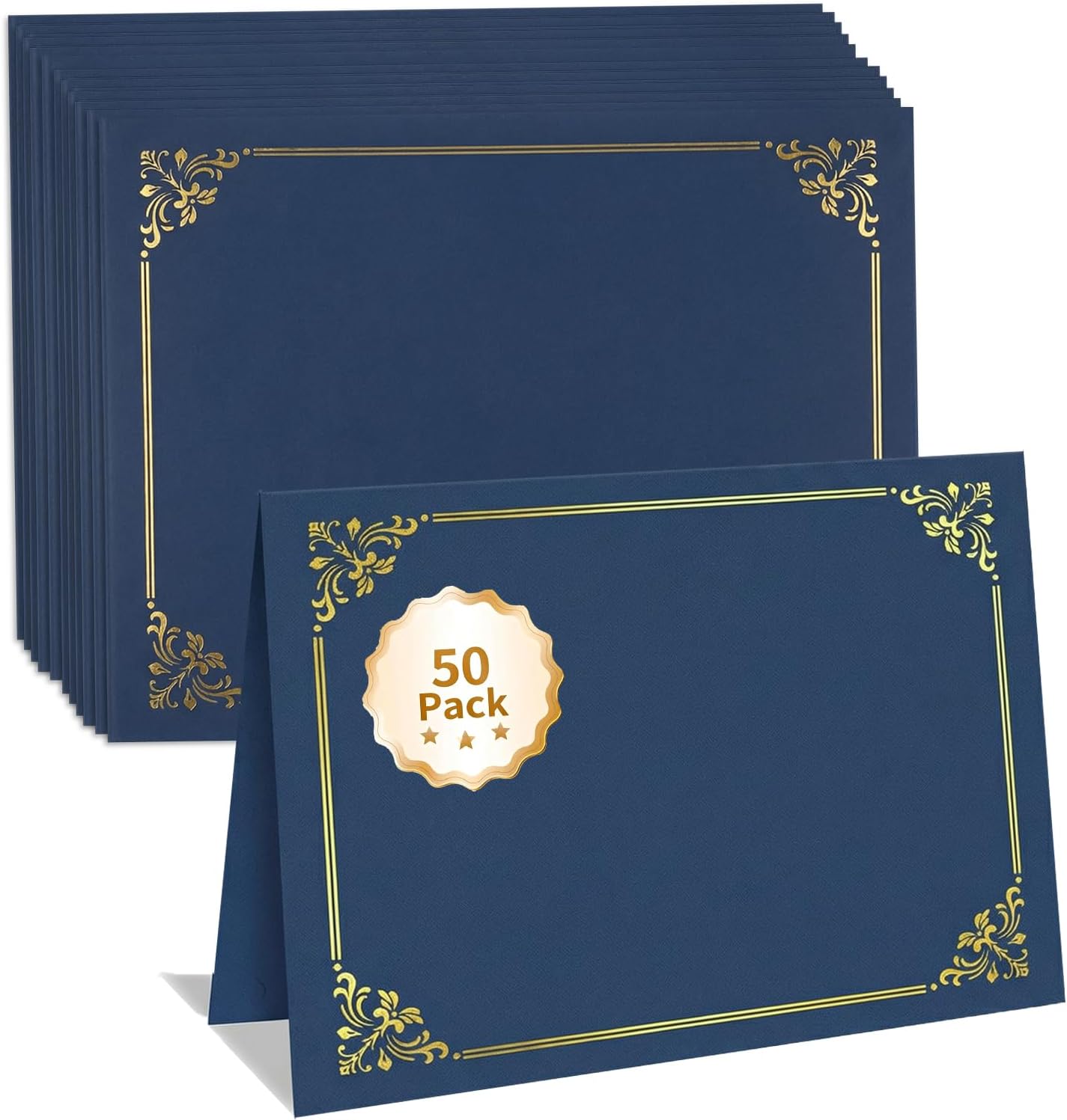 Binditek 50 Pack Certificate Holders, 350GSM Diploma Folders with Gold Foil Border, Navy Blue, Fits 8.5″ × 11″ Certificates for Graduation & Awards