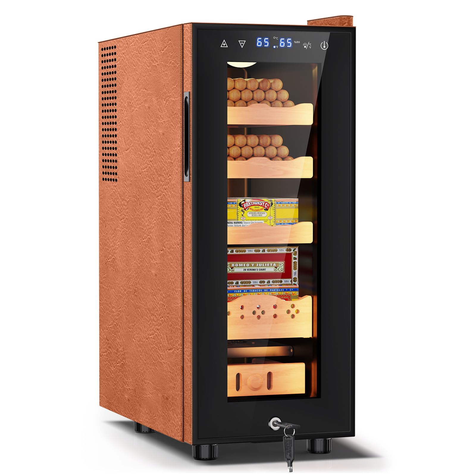 Tylza Leather Trim Cigar Humidor, 35L Cigar Humidor Cabinet with Auto Humidity &amp; Temp Control, 300 Counts, 3 LED Lights, Spanish Cedar Wood, Cigar Humidors with Safety Lock, Gifts for Men