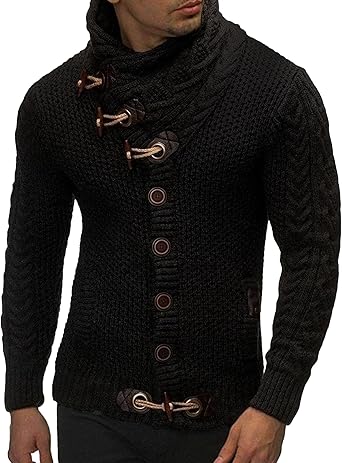 Mens Shawl Collar Basic Sweatshirt Stylish Knit Buttons Pullover Classic Turtleneck Cable Knit Sweaters