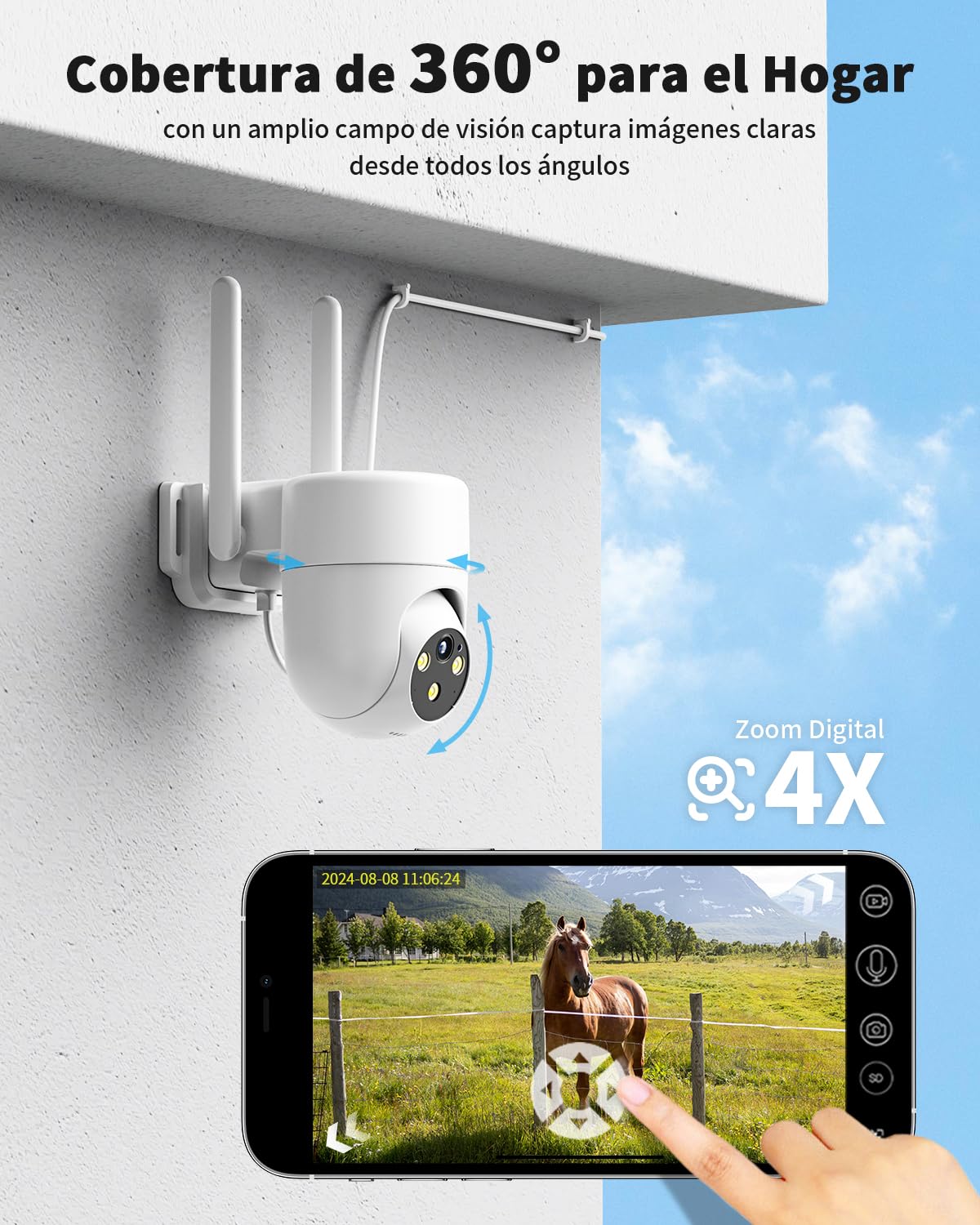 4G LTE Cámara Vigilancia Exterior con Tarjeta SIM, 360° PTZ Cámara Grabación 24/7 con Detección Humana AI e Visión Nocturna Colorida, Audio Bidireccional, Impermeable IP66
