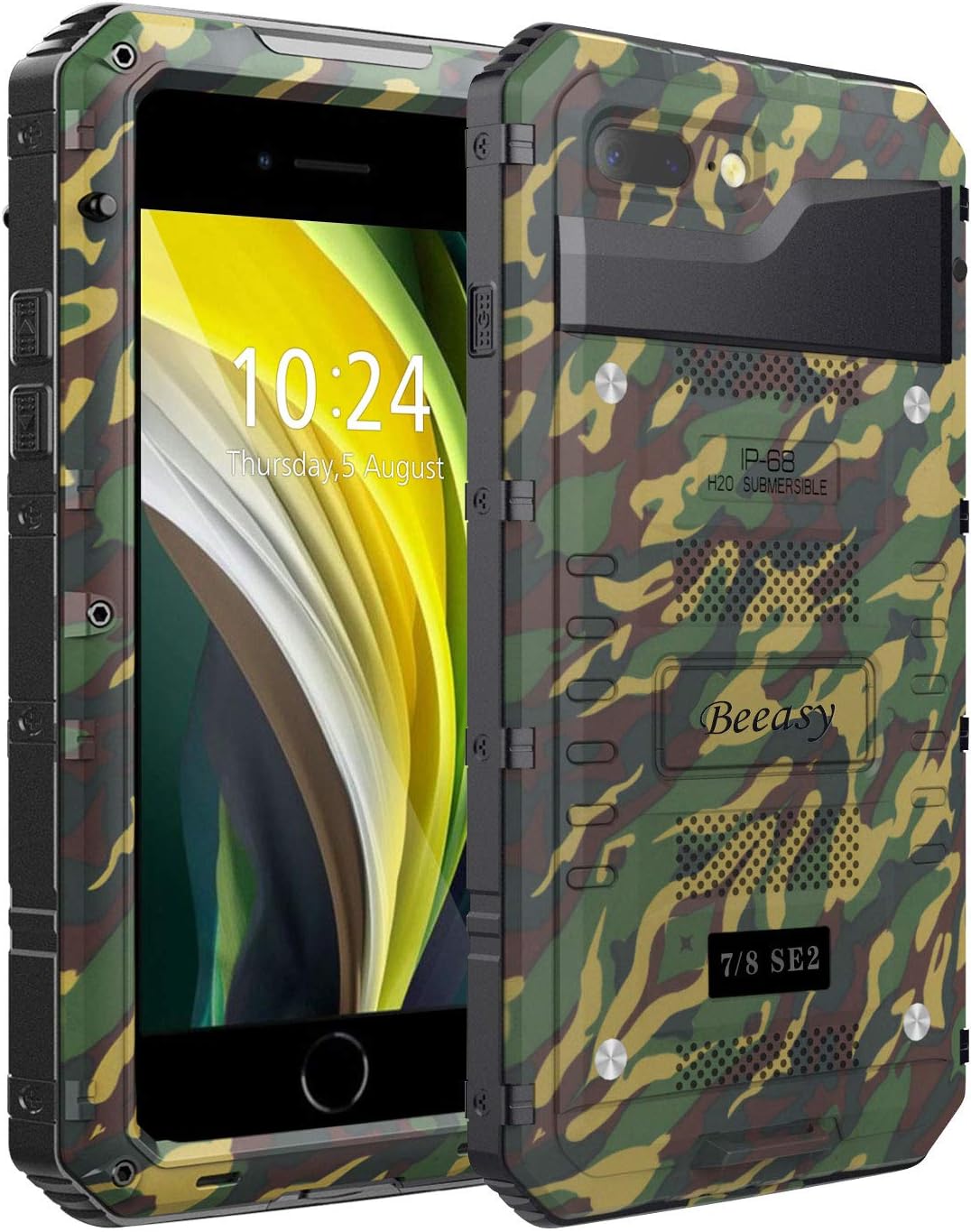 BeeasyCase Compatible for iPhone SE 2020 Camo, Waterproof Shockproof Tough Heavy Duty, with Built-in Screen Protector Full Body Military Protective, Metal Cover for Outdoor Sport
