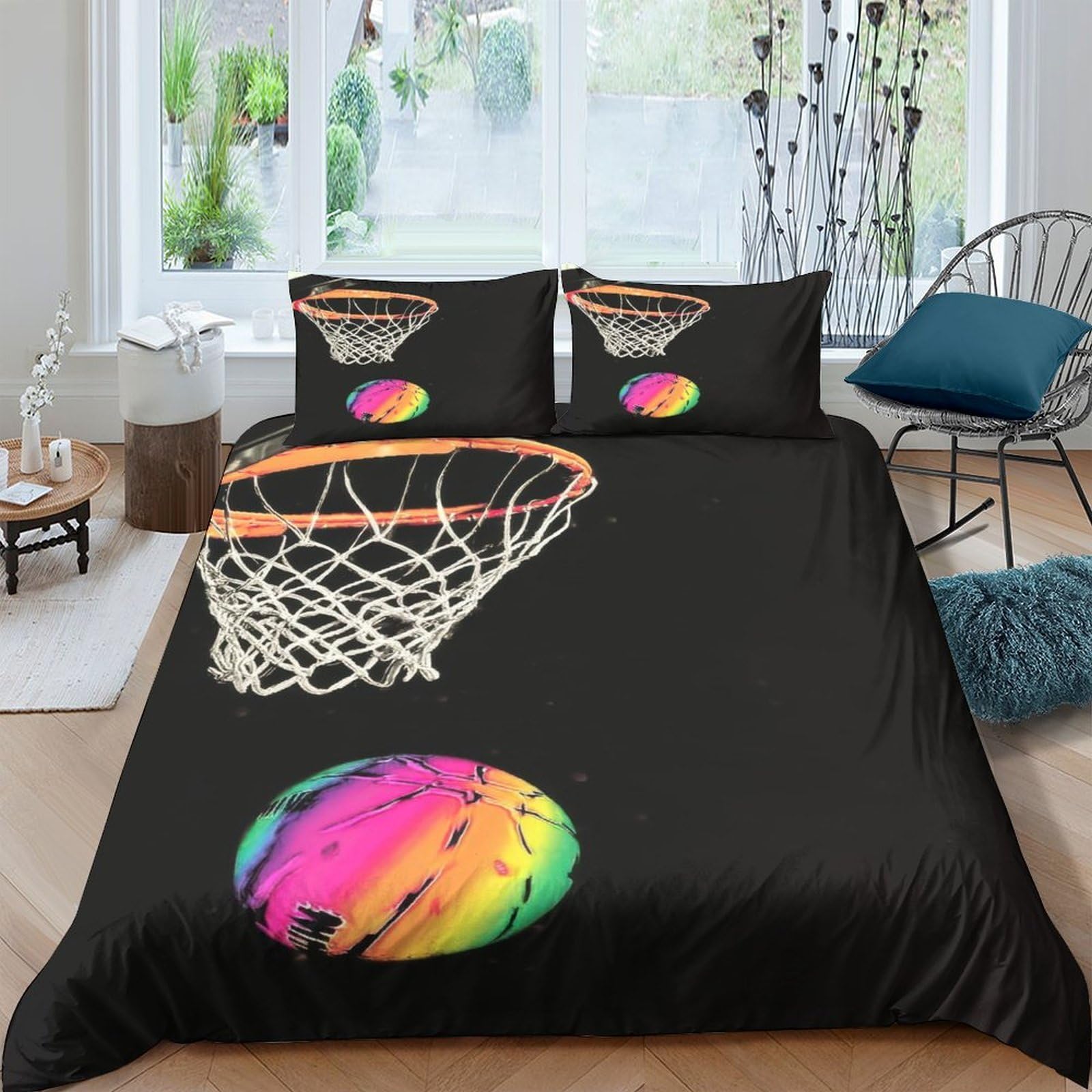 Ctjqhvkz Style-5 3D Printed Basketball Hoop Fitted Sheet Microfiber Black Rainbow Ball Mattress Cover For Bedroom Dorm Decor Single（135X200cm）