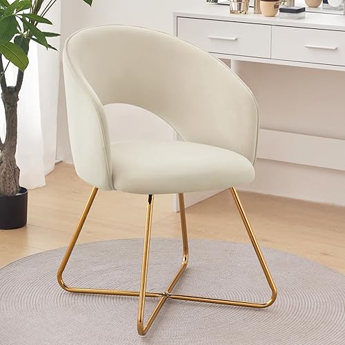 Furniliving Silla de tocador moderna de terciopelo, cómoda silla de maquillaje, silla tapizada para tocador con patas cruzadas de metal para