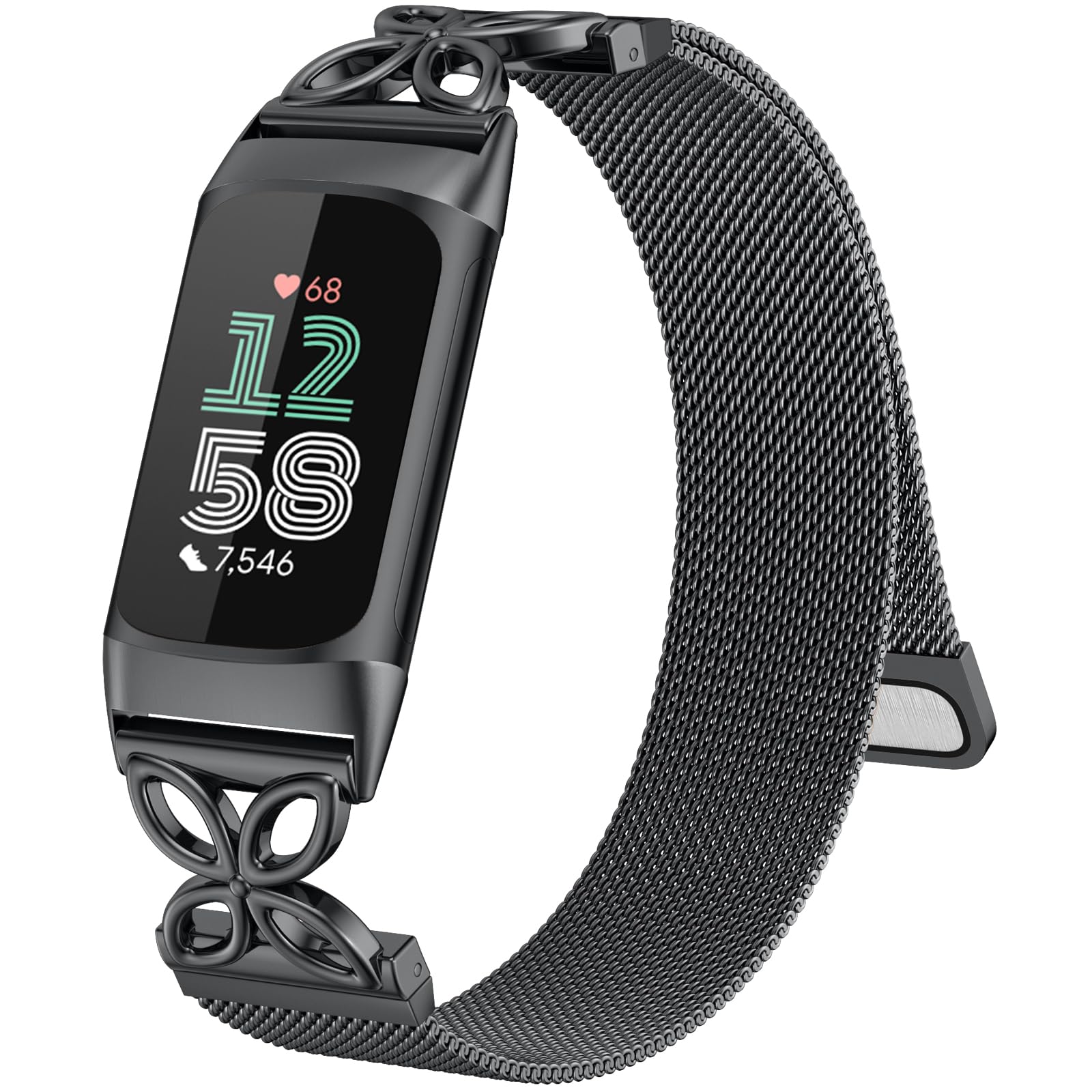 Oielai Metal Band Compatible with Fitbit Charge 6 Strap for Women, Floral Magnetic Stainless Steel Mesh Loop Replacement Wristband for Fitbit Charge 5 Strap, Black
