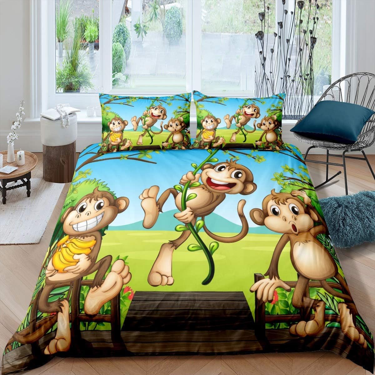 richhome Monkey Duvet Cover Set three cartoons monkey Prince Bedding Set King Size Kids Boys Girls Safari banana rattan Comforter Cover Set cute animal