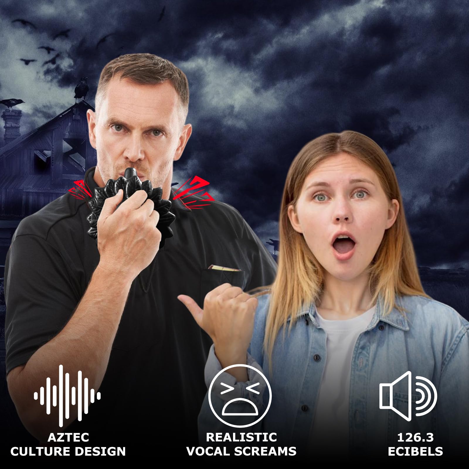 Aztec Death Whistle, krzyk aztecka gwizdek śmierci z autentycznie brzmiącymi ludzkimi krzykami, z czarnej czaszki, idealna na Halloween i Dzień Zmarłych, prezent