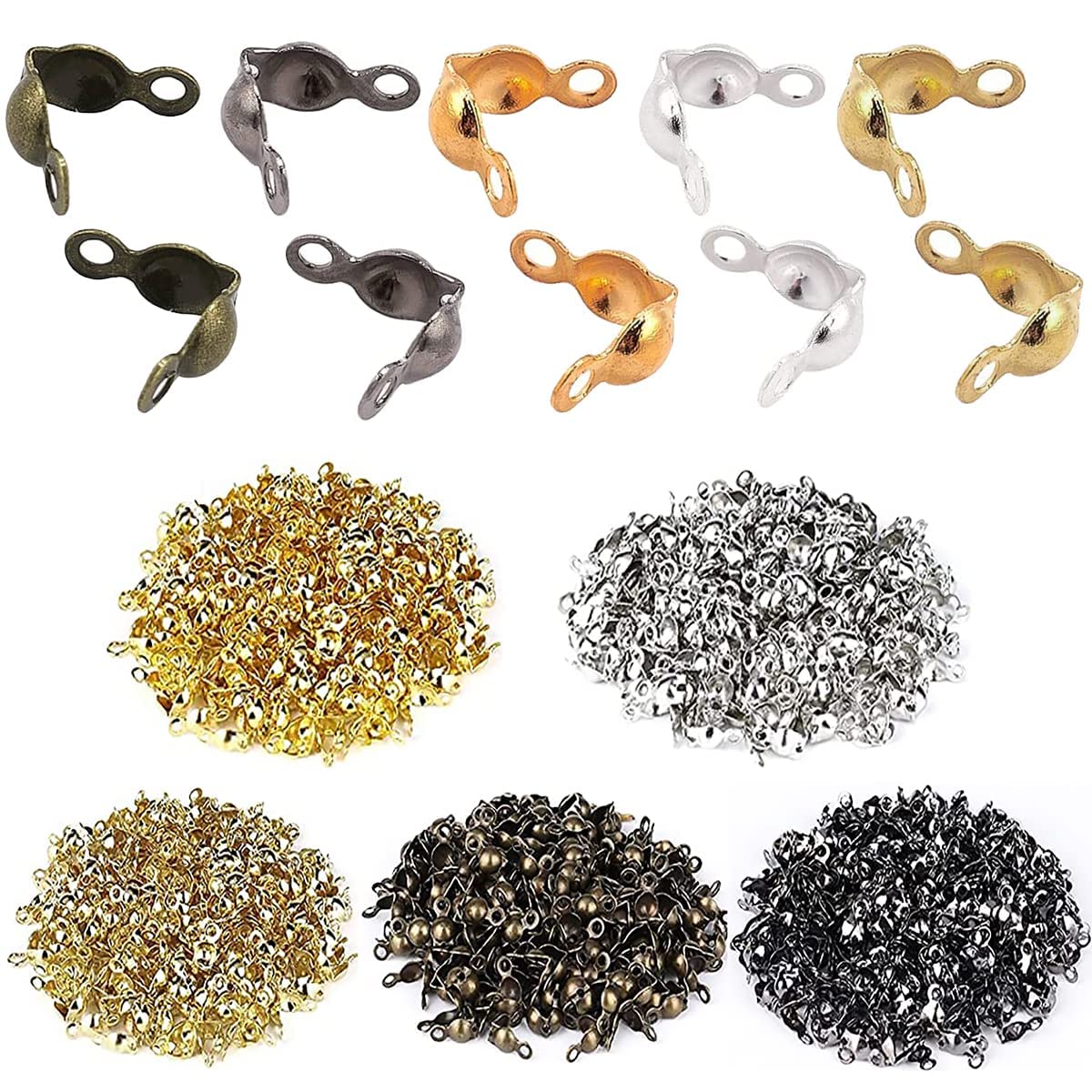 500 Pieces Crimp Beads Calotte Ends Knot Covers for DIY Bracelet Jewelry Making, 5 Colors Clamshell Fold-Over Metal Plated Open Bead Tips Endcaps