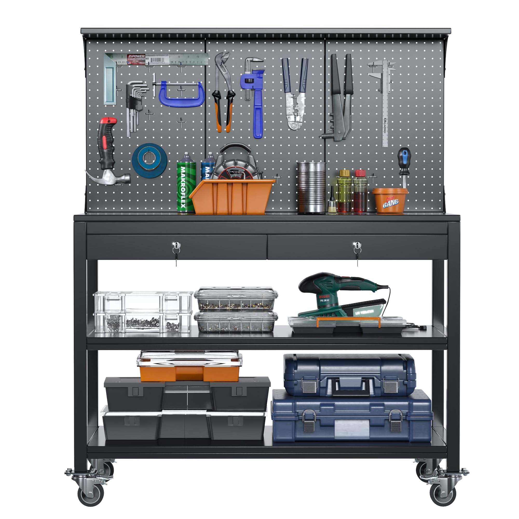 SUPEER Werkbank Metall Bewegbarer mit Hochfeste Räder und Pegboard,1500 x 1000 x 530 mm - 500 kg Tragkraft - 2 verriegelbare Werkzeugschubladen,Heavy Duty Stahl Arbeitsbank/Werktisch