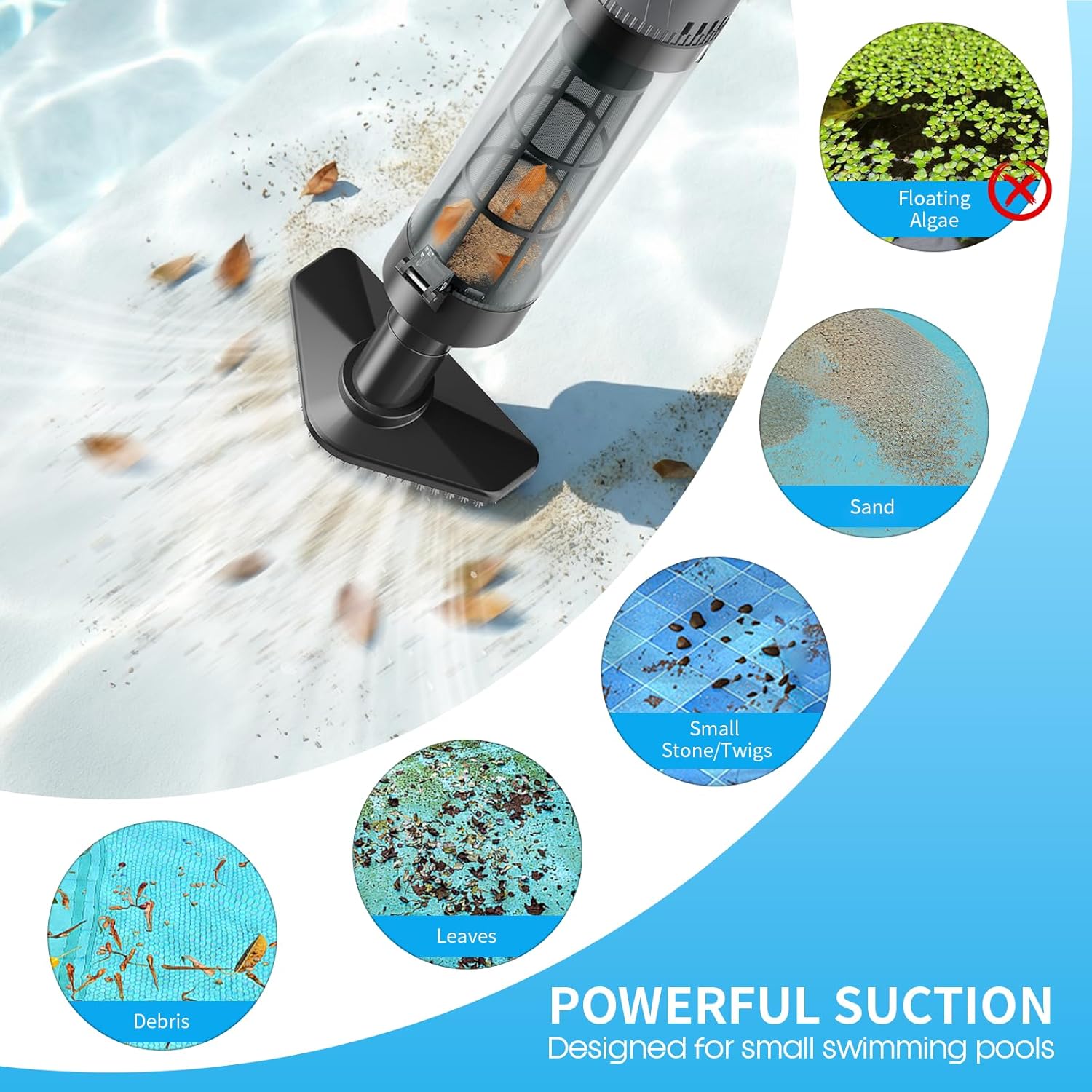 VERVEWAVE Handheld Hot Tub Vacuum, Cordless Small Pool Vacuum for Above Ground Pool with 3 Brush Heads & LED Light, Rechargeable Spa Vacuum Up to 90Mins Runtime, Ideal for Cleaning Small Debris Types