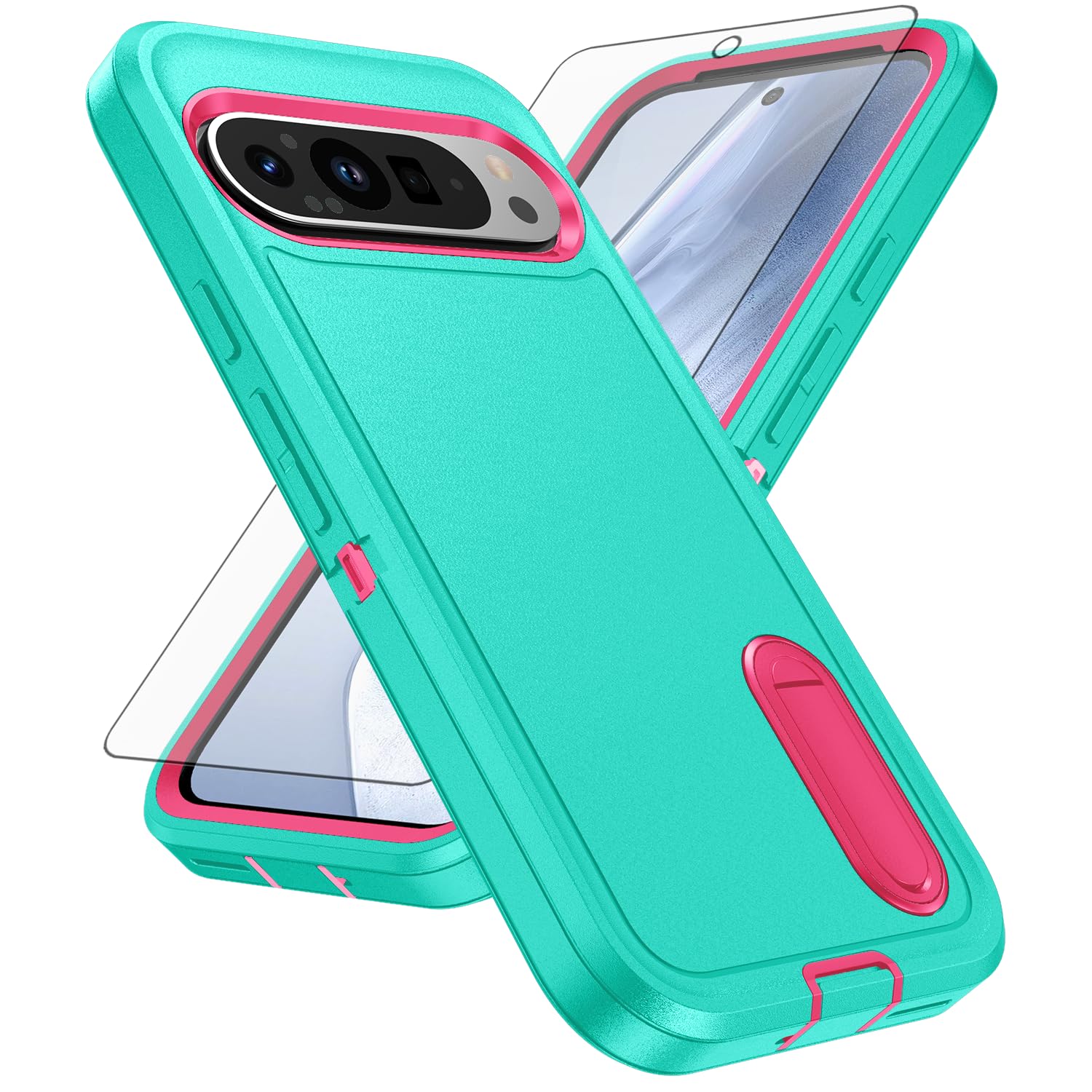 Phone Case for Google Pixel 9/9 Pro 5G with Tempered Glass Screen Protector Cell Cover Hybrid Hidden Stand Rugged Shockproof Hard Heavy Duty Protective Pixel9 9Pro Nine Women Men (Cyan+Rose Red)