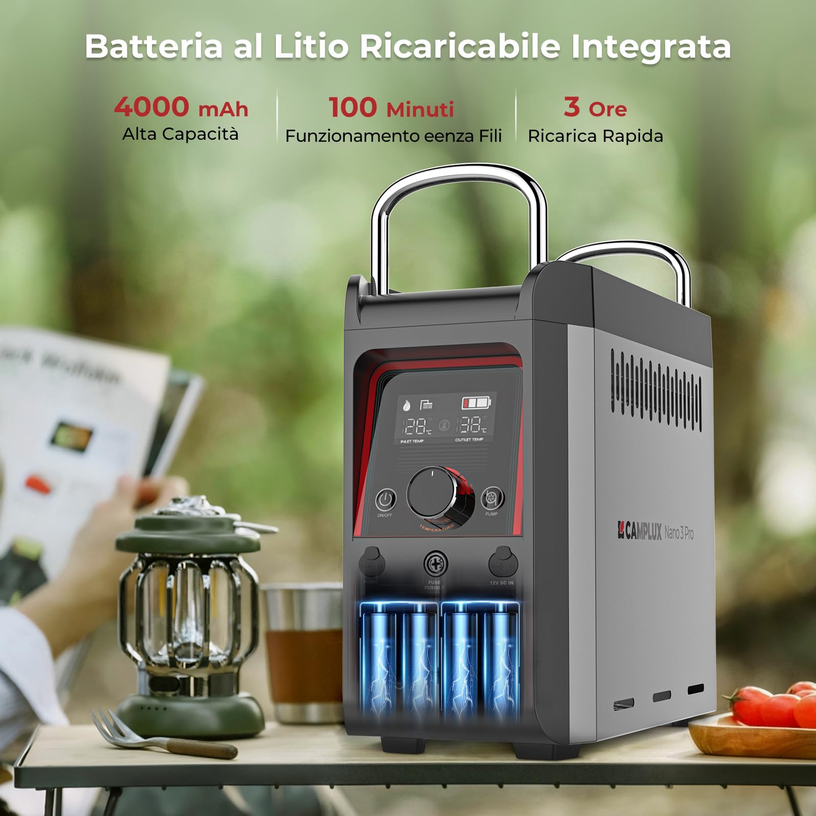 CAMPLUX Nano 3 Lt Scaldabagno a Gas Portatile con Pompa dell'acqua, GPL, 50mbar, 12V, per Doccia Esterna, Campeggio, Nano 3 Pro-DE