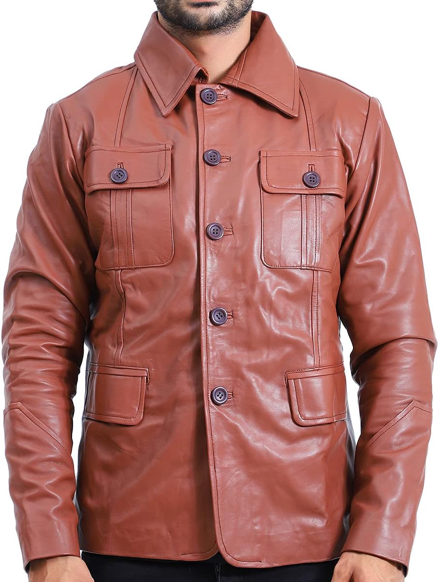 Kara Hub Mens Leather Jacket, Men's Leather Coat Button Closure, 100% Sheepskin Leather Jacket, Mens Winter Coat, Brown