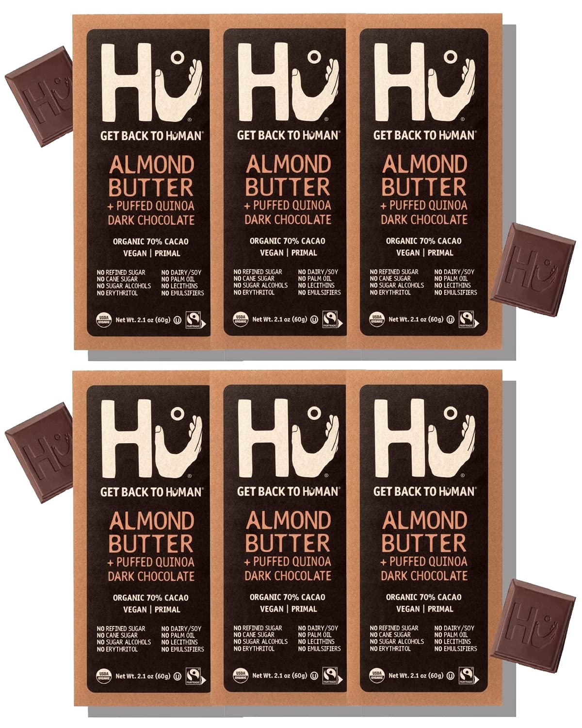 Hu Chocolate Bars | 6 Pack Almond Butter & Puffed Quinoa Chocolate | Natural Organic Vegan, Gluten Free, Paleo, Non GMO, Fair Trade Dark Chocolate | 2.1oz Each
