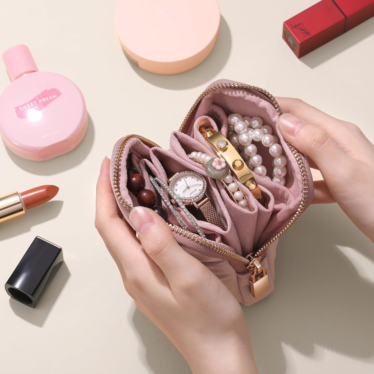 Small Travel Jewelry Case Set 2-in-1 Detachable Velvet Pouches, Portable Jewelry Organizer Bag for Rings Earrings Bracelets, Gift Box for Women (Blush Pink)