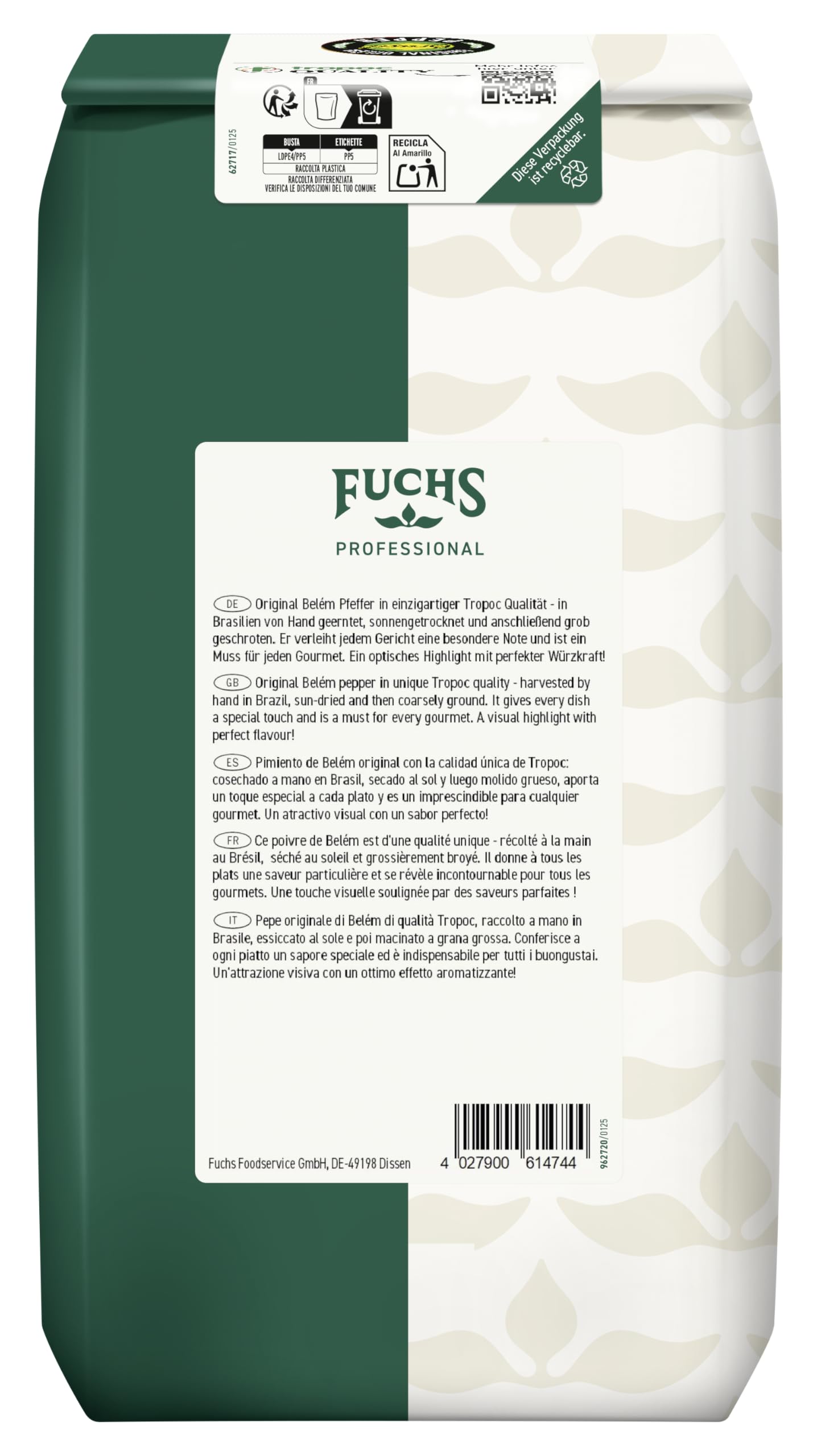 Fuchs Professional - Poivre noir grossièrement moulu | 1 kg dans un sac | Qualité professionnelle pour les gros consommateurs et la gastronomie