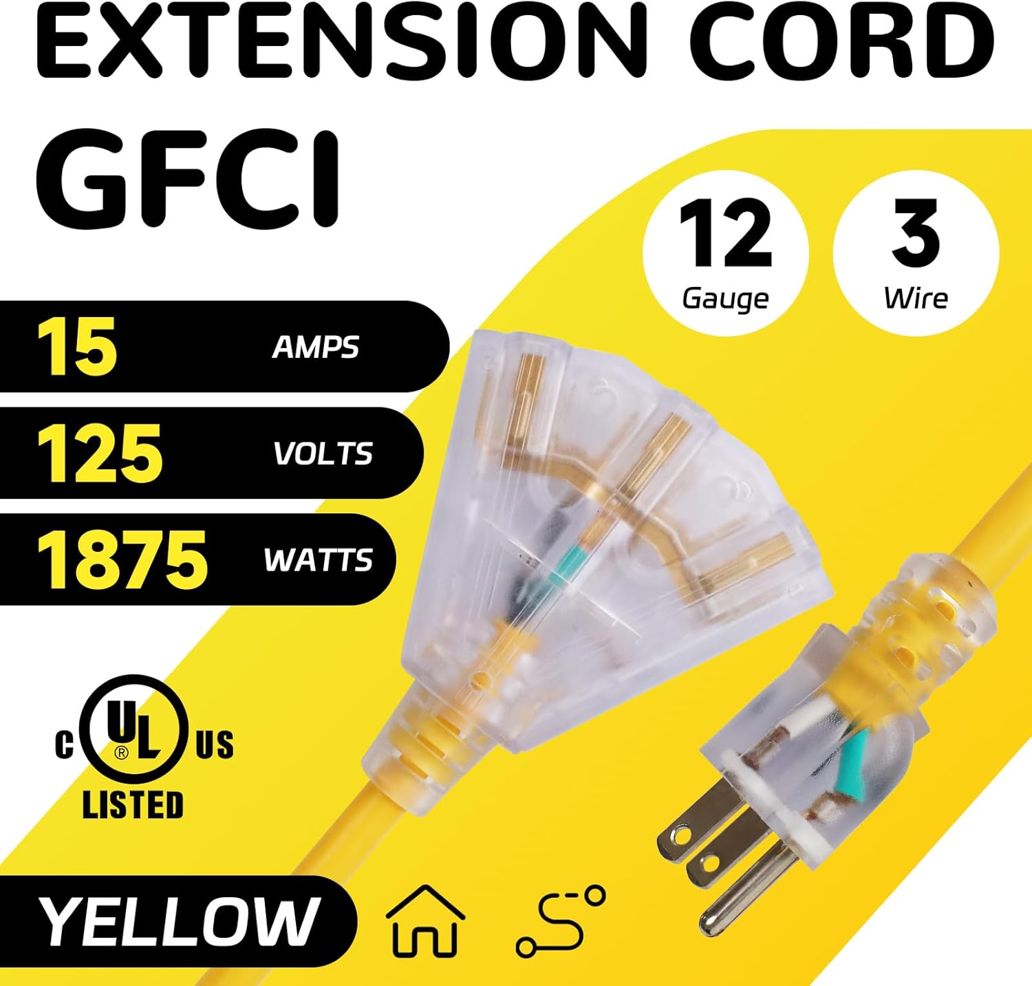 3 Ft GFCI Lighted Extension Cord with 3 Power Outlets, 15 Amp 12/3 SJTW Heavy Duty Yellow Pigtail Extension Cable with 3 Prong Grounded Plug for Safety, UL Listed