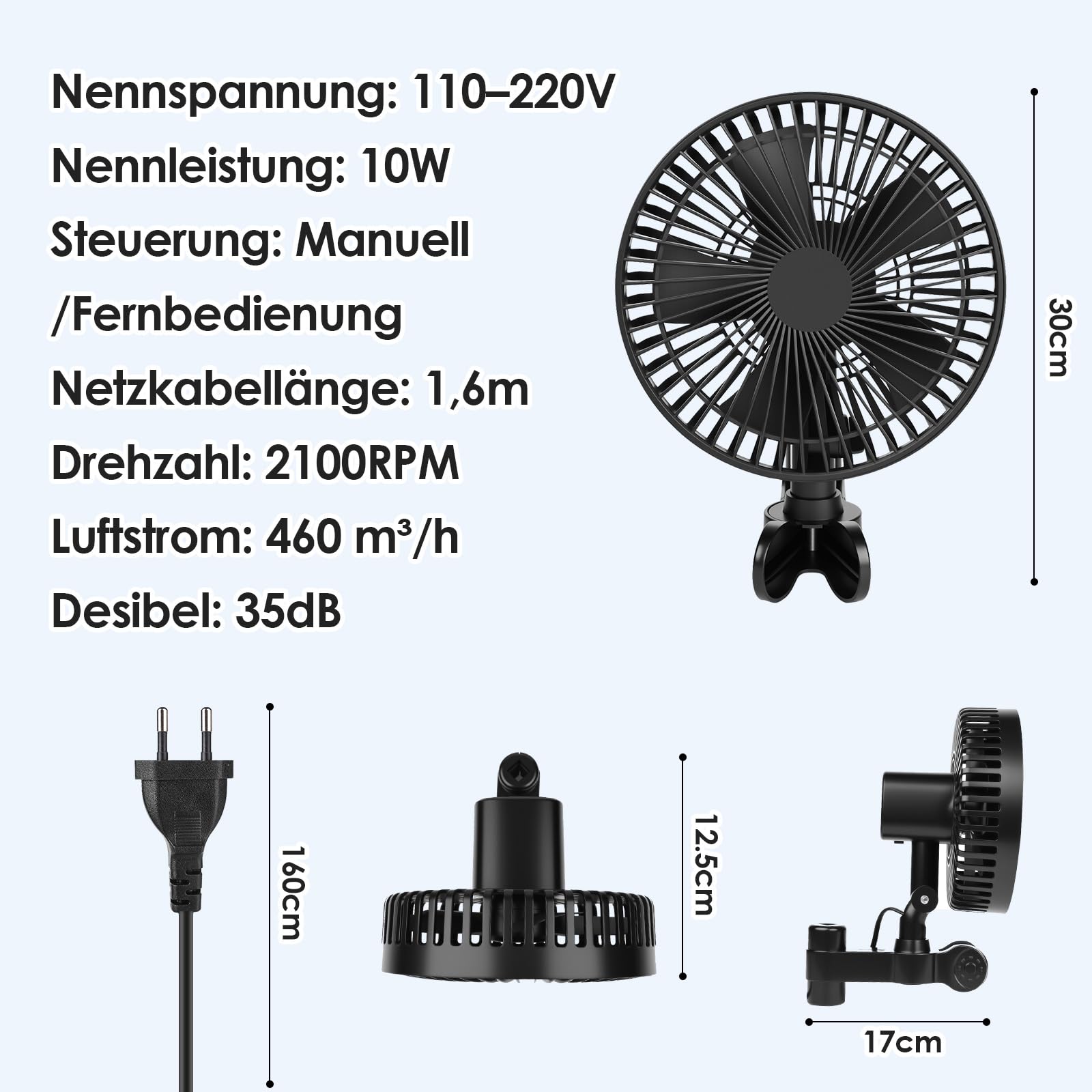 Grow Ventilator mit Clip & Stufenlosem Drehzahlregler, Stufenloser Lüfter mit EC-Motor, 2100 U/min, Oszillierend, 10W, IP44, Clip-on-Lüfter für Growbox/Zelt